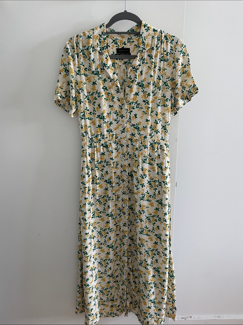 Urban Outfitters Cream Floral Midi Dress with Yellow & Green Print